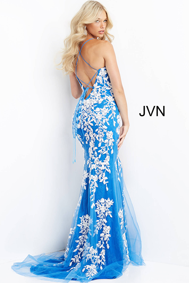 JVN06660 Blue White High Slit Embroidered Prom Dress